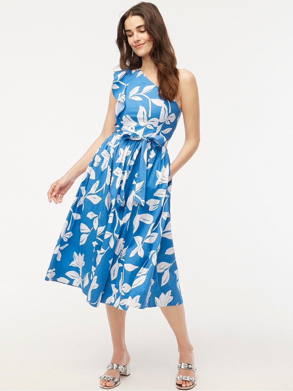 J. Crew Blue One-Shoulder Floral-Print Midi Dress